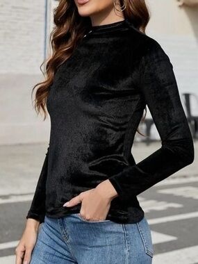 Black Velvet Long-Sleeve Mock Neck Top - Women
